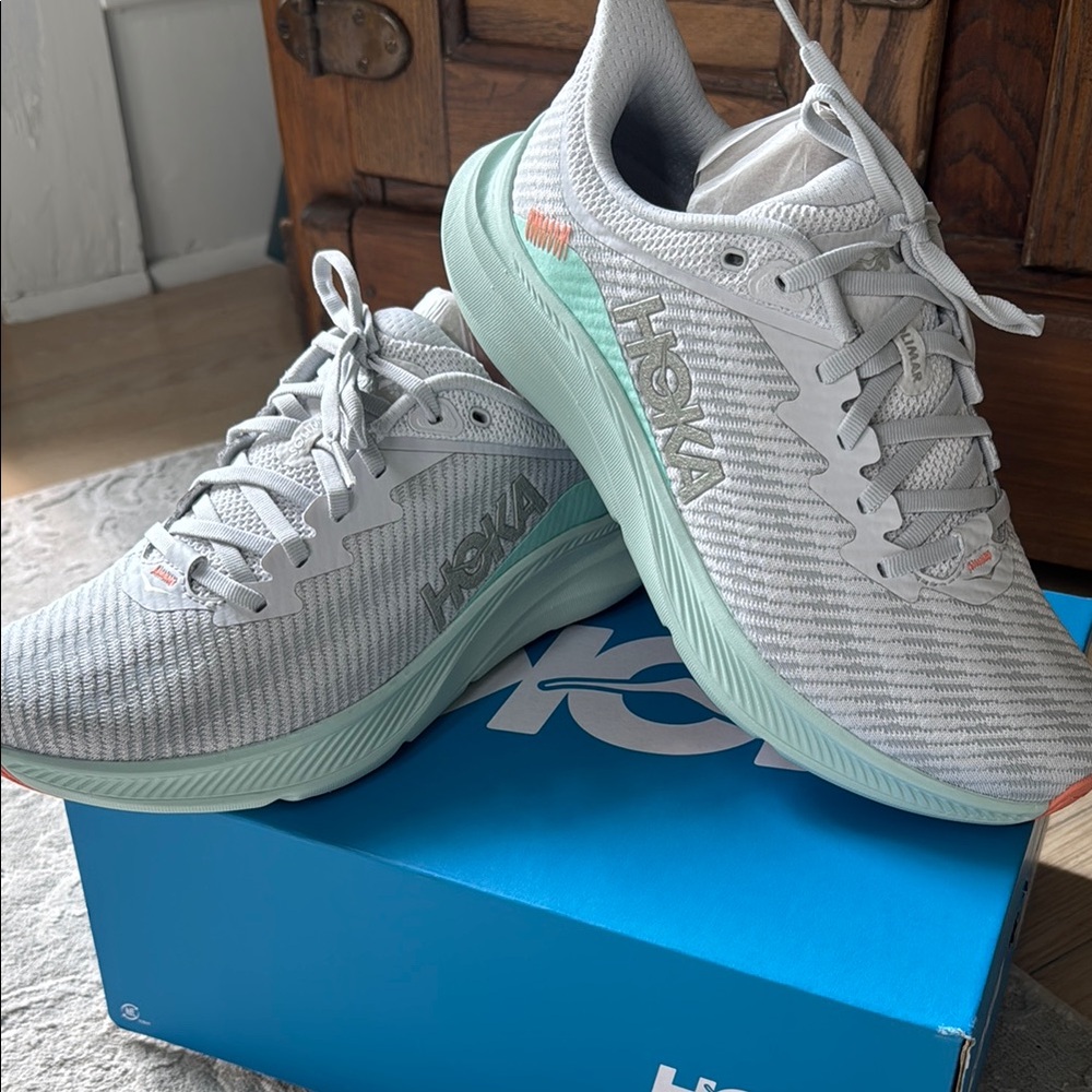 Hoka Gray and Green Athletic Shoes with Cushioned Sole